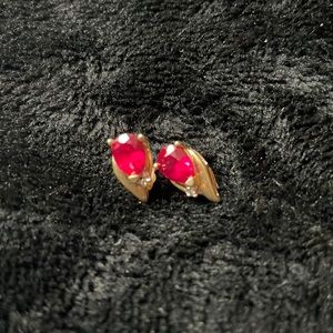 Diamond and gold stud Earrings with Red jewels